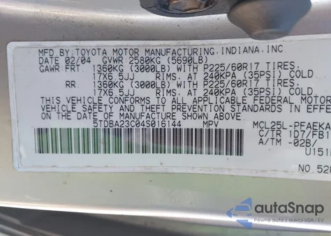 2004 Toyota Sienna Le из США, поврежденный, VIN 5TDBA23C04S016144